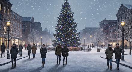 Obraz premium Christmas tree in city square with snowfall and people