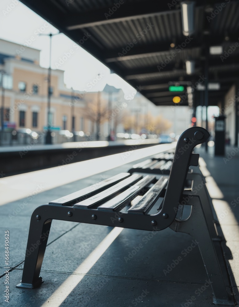 Poster bench row aligned on a platform, showcasing modern design and urban setting