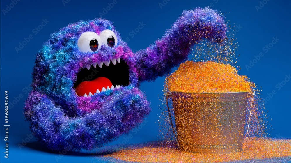 Poster colorful 3d animated character joyfully interacting with a bucket of sparkling golden particles