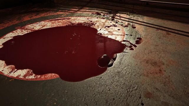 Pool of crimson liquid on a textured floor with a circular marking
