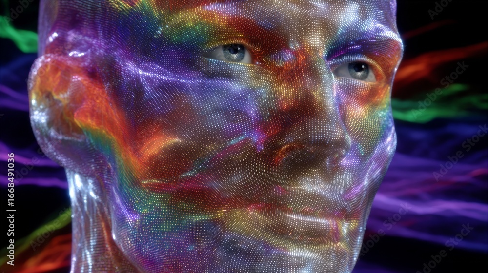 Poster colorful holographic 3d wireframe head with intricate glowing patterns and shimmering lights
