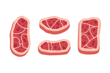 WebFlat vector illustration of raw beef steaks, red meat slices with fat marbling, protein food design isolated on white background