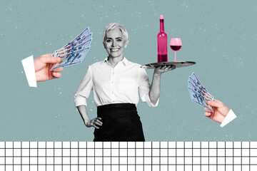 Art sketch 3d image vertical collage of happy old woman hold tray wine glass bottle hands offer...
