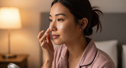 Young Asian woman applying face cream during nightly skincare routine
