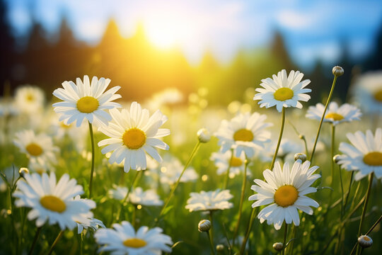 A field of glowing white daisies in a green field