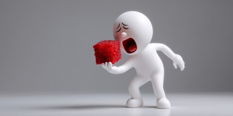 Faceless Character Expressing Discomfort While Holding a Red Object in a Minimalist Setting