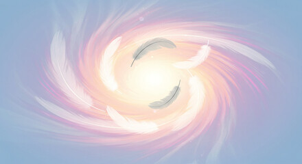 An artistic rendition of feathers swirling within a luminous vortex, evoking a sense of ethereal movement and grace. The composition features delicate feathers, set against a soft.