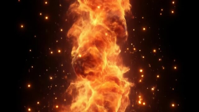 A vertical column of fiery orange flames against a dark background, with scattered sparks