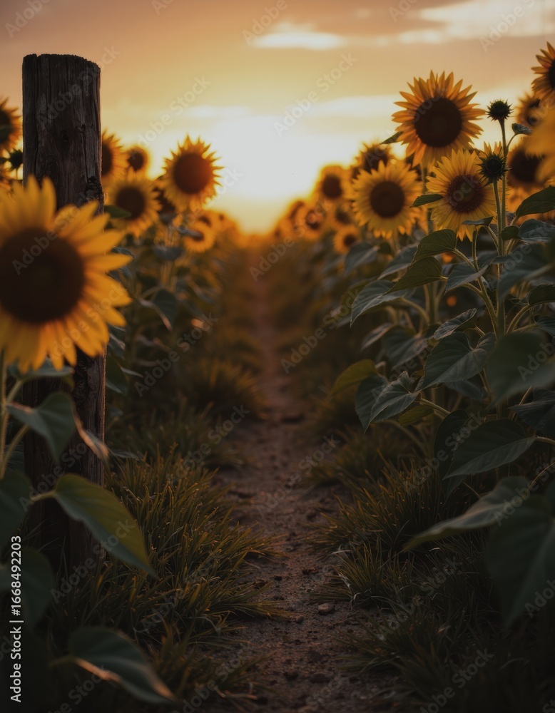 Poster sunflower fields at sunset with a path and viewing rail for a serene experience