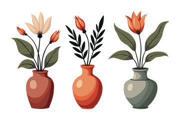Flat vector illustration of decorative vases with flowers and leaves, elegant home decor plant design isolated on white background