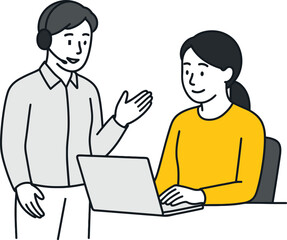 Customer support representative with headset assisting woman using laptop, teamwork collaboration, online service communication, business technology, professional office workplace illustration.