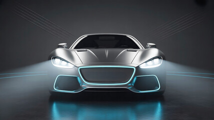 Futuristic silver car with glowing lights