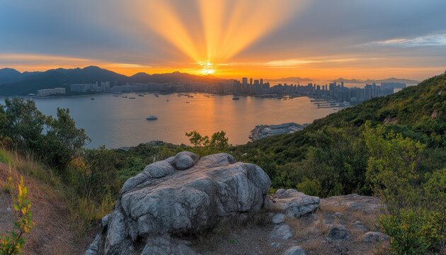 Sunset over Bay: A breathtaking panoramic view of a city bay as the sun dips below the horizon, casting golden rays across the water and silhouetting the cityscape.