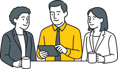 Business team meeting with digital tablet, colleagues discussing project ideas, teamwork collaboration, professional communication, modern office workplace with coffee.