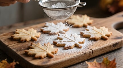 Fototapeta premium Powdered sugar sprinkled onto maple leaf-shaped cookies for a cozy autumn feel and traditional Thanksgiving treats
