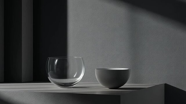 Two simple, clear glass objects on a light gray surface, casting shadows