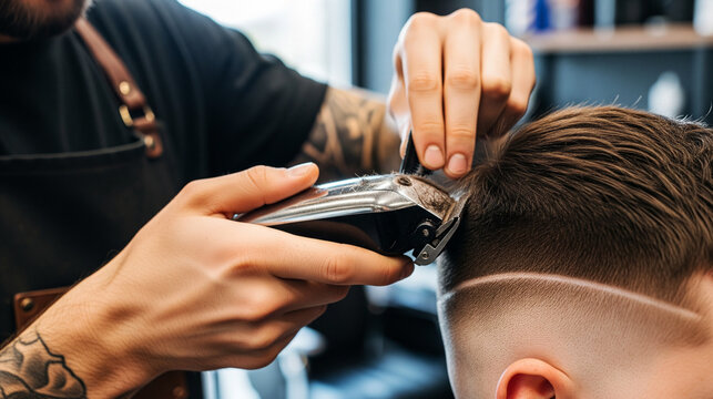 Barbers Skilled Hands Shaping Hair with Clippers, Close-Up, Modern Style, Grooming