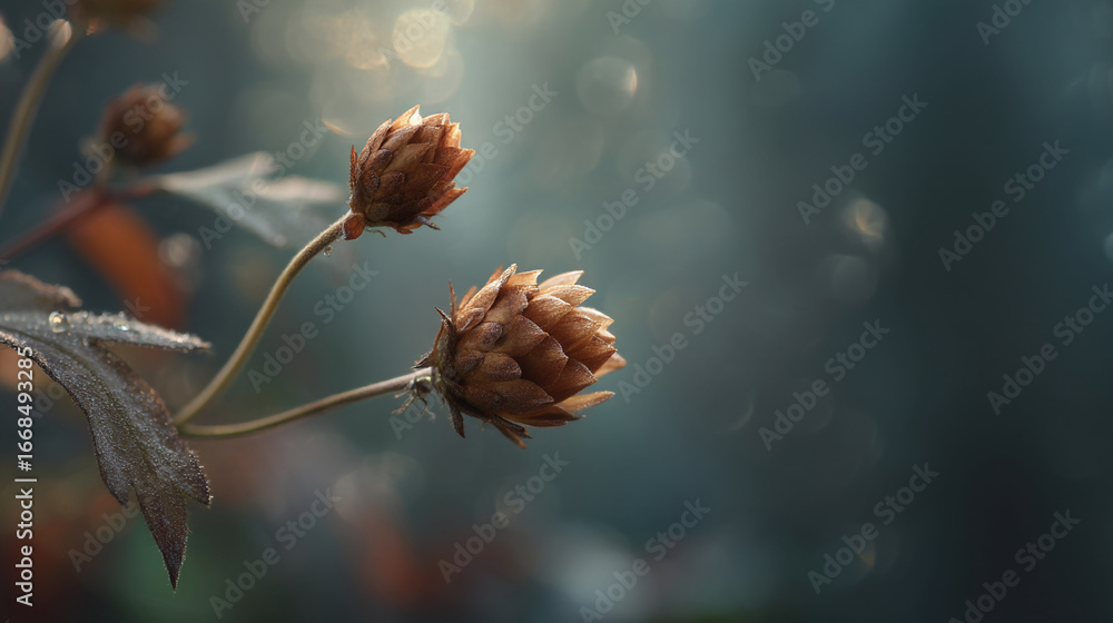 Poster close up of dried flower buds with leaves against a blurred bokeh background in soft light