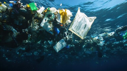 Plastic waste pollution in the ocean, ecological environment problem scene