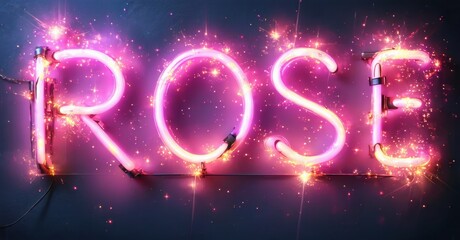 Bright pink neon sign spells ROSE. Sparks radiate from glowing tubes against dark background. Dramatic lighting creates vibrant effect.