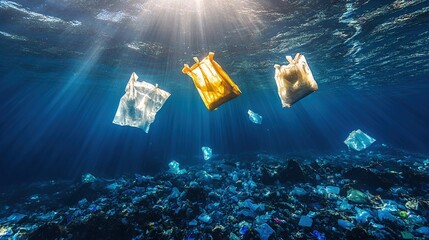 Plastic waste pollution in the ocean, ecological environment problem scene