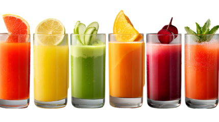 Colorful fresh juice glasses row healthy drinks