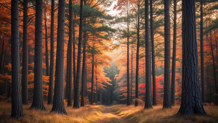 Fototapeta premium Majestic autumn forest with golden light illuminating path