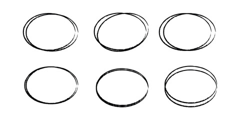  pen hand drawn doodle marks, red circle and oval stroke set. Outline red drawing line clipart symbol