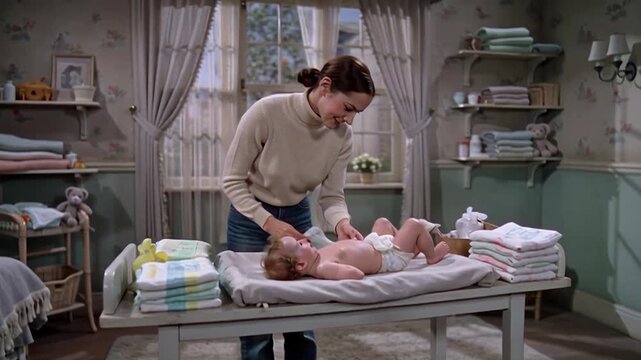 Young mother changing baby&rsquo;s diaper on table in cozy nursery with toys and folded towels. Concept of motherhood and childcare