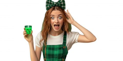 Surprised Woman in Green Plaid Outfit with Shot Glass, St. Patrick’s Day, Transparent Background