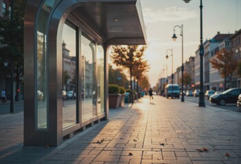 Obraz premium Promenade kiosk with a closed front guard during sunset