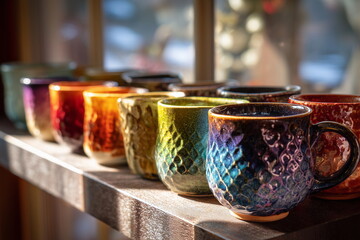 Artisan ceramic display with multiple colorful glazed tea cups arranged on a shelf, sunlight streaming through a window, highlighting their unique textures, shapes, and glaze patterns.