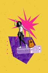 3D photo collage template trend artwork composite of microphone karaoke young lady dance hold...