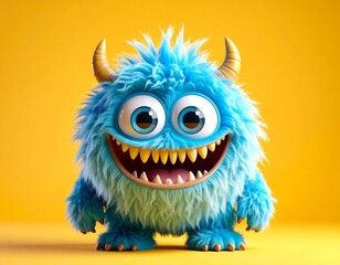 Fototapeta premium Blue fluffy monster smiles widely