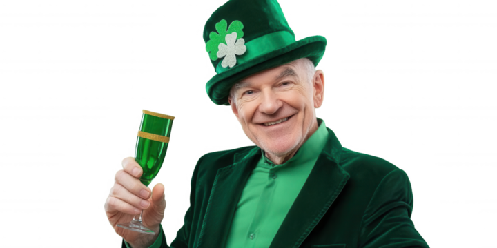 Smiling Elderly Man in Shamrock Hat with Drink, St. Patrick’s Day, Transparent Background