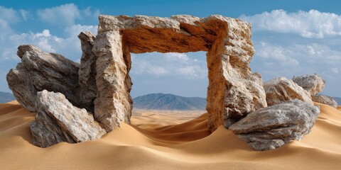 Carved Stone Frame Emerging from Rolling Desert Dunes Under Blue Sky