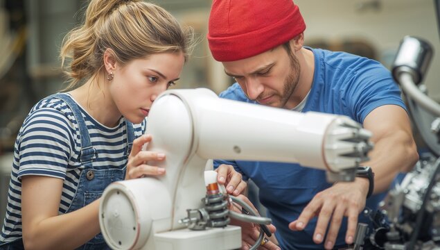 Two people working together on a robotic arm in a workshop