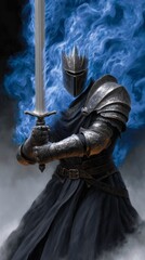 Fantasy Knight Wielding Sword Surrounded by Ghostly Blue Flames in a Misty Atmosphere