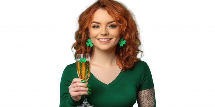 Cheerful Lady in Green Outfit with Sparkling Drink, St. Patrick’s Day, Transparent Background