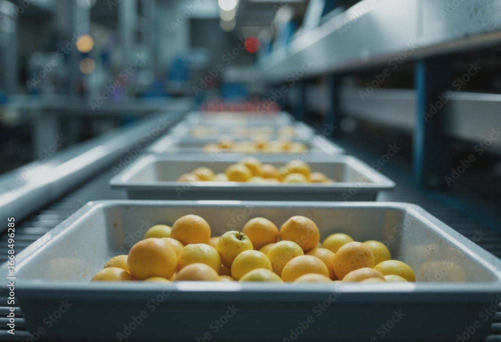 Poster fruit sorting technician near roller table with empty trays and fresh produce