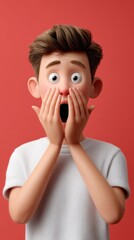 Animated Character Displaying Shock and Surprise while Covering Mouth Against a Vibrant Red Background