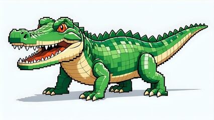 Obraz premium A vibrant, pixel art illustration of a friendly alligator, showcasing detailed scales and a playful expression, ideal for children's books, games, or apparel.