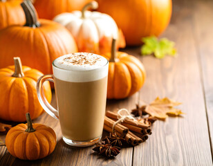  Pumpkin spice latte with whipped cream, cinnamon sticks, and autumn squash on a wooden table
