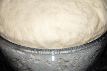 Close up of pizza bread dough that has risen over the glass bowl uncooked