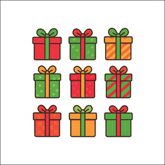 Collection of nine colorful christmas gift boxes with ribbons and bows isolated on white background