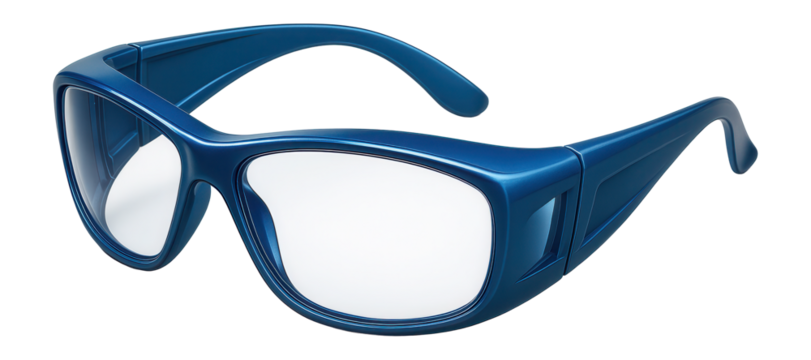 Pair of blue safety glasses with UV protection coating