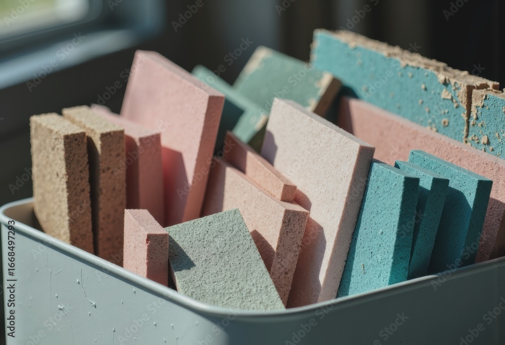 Poster foam offcuts sorted in a bin, showcasing various colors and textures