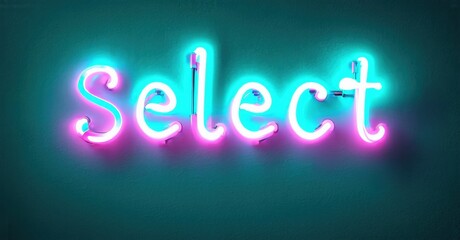 Bright neon sign displays word Select. Turquoise background contrasts pink, blue glow. Simple, modern aesthetic. Bold lettering dominates image.