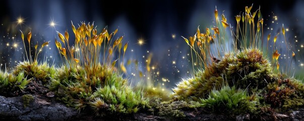 Moss Glowing Faintly Under Magical Light in a Dark Forest Environment