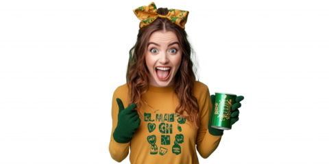 Joyful Woman in Green Gloves with Drink, St. Patrick’s Day, Transparent Background